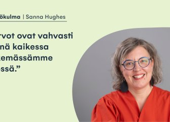 Kuvituskuva näkökulmatekstin kirjoittajasta Sanna Hughesista. Kuvan vasemmalla puolella on teksti ”Näkökulma | Sanna Hughes” sekä lainaus ”Arvot ovat vahvasti läsnä kaikessa tekemässämme työssä.”, ja oikealla kirjoittajan henkilökuva.