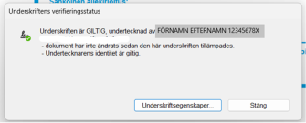 Underteckningsuppgifterna för ett certifikat som signerats med ID-kort i pdf-filen.