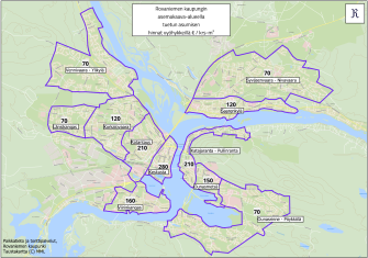 Rovaniemen kaupungin alue kartalla, jaettuna tonttihintavyöhykkeisiin.
