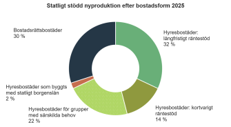 Ett donutdiagram som visar hur den statligt stödda nyproduktionen fördelades enligt bostadstyp år 2025.
