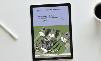 Ikääntyneiden palvelu- ja yhteisökorttelien toteuttaminen -julkaisun kansilehti näkyy työpöydällä olevan tablettitietokoneen ruudulla.