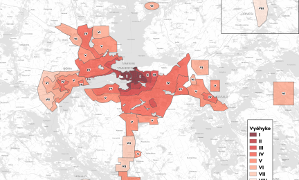 Karttakuva, joka esittää taulukossa olevat vyöhykkeet.